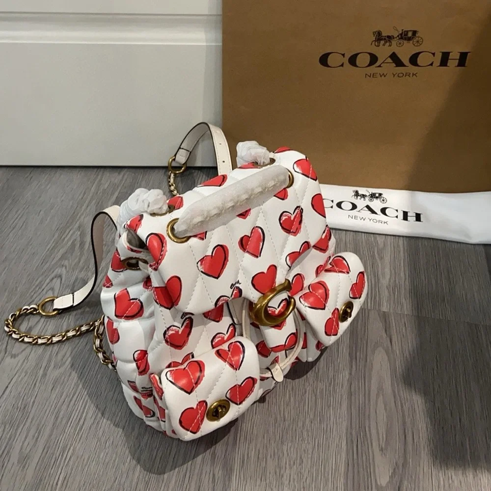 Coach White Leather Mini Bag with Red Heart Print